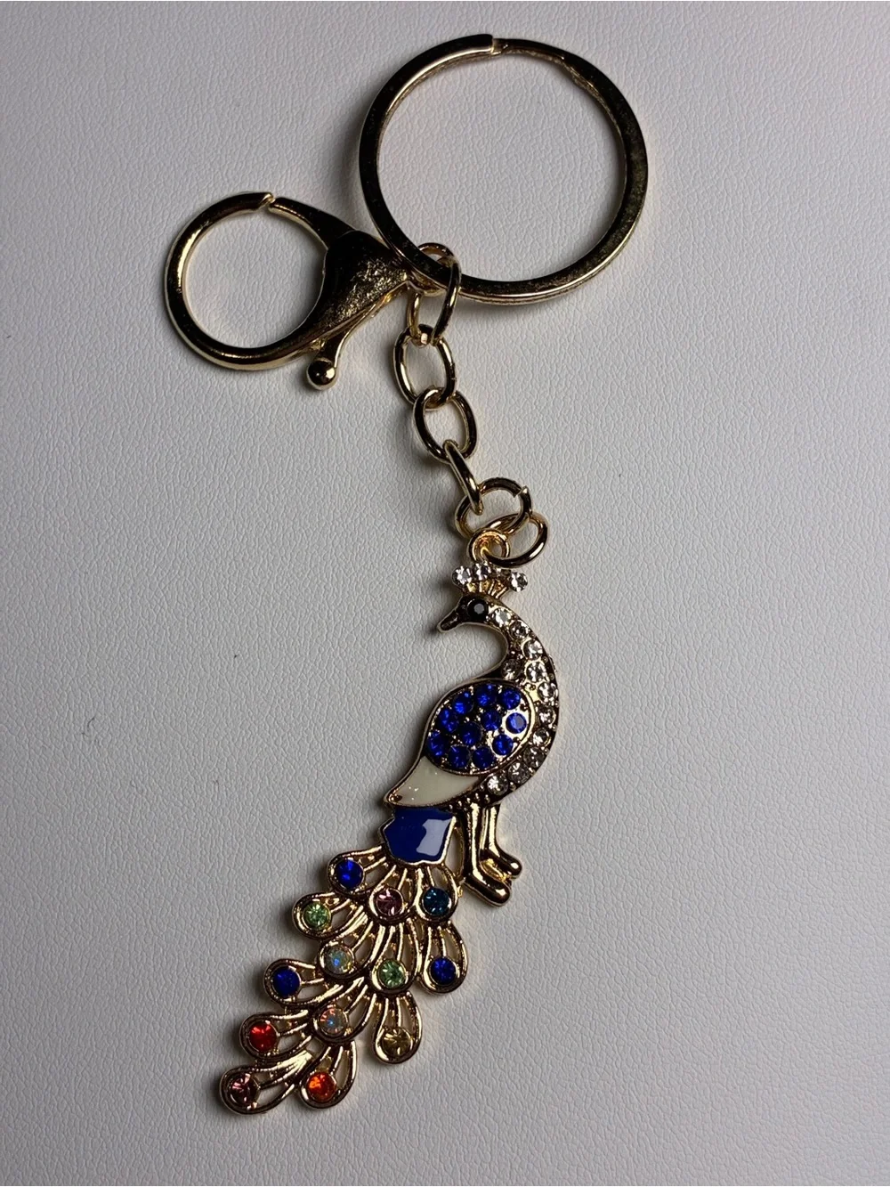 Gold-Tone Blue Peacock Keychain Charm
